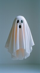 A white sheet ghost costume with black eyes and mouth on a simple background