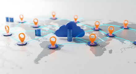 Cloud Computing and Global Connectivity: A stylized depiction of a cloud computing network, illustrated with pins connected across a world map, symbolizing global access and data transfer. 