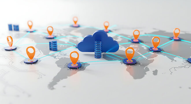 Cloud Computing and Global Connectivity: A stylized depiction of a cloud computing network, illustrated with pins connected across a world map, symbolizing global access and data transfer. 