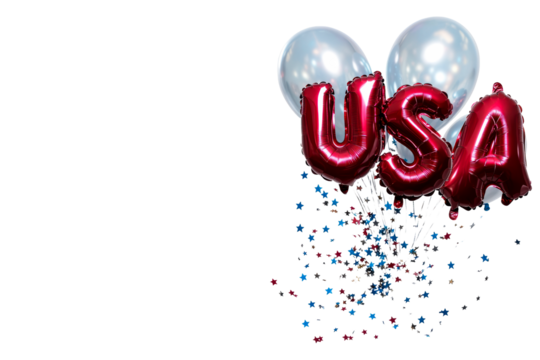 Red and silver foil letter balloons spelling USA with star confetti