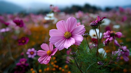 Field of pink cosmos flowers with mountain in background, aesthetic nature landscape, miniature floral meadow


