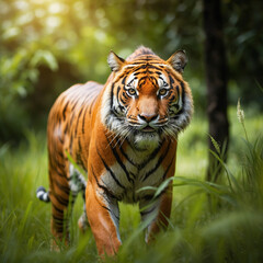 Fototapeta premium Majestic tiger stalks through lush green jungle, piercing gaze