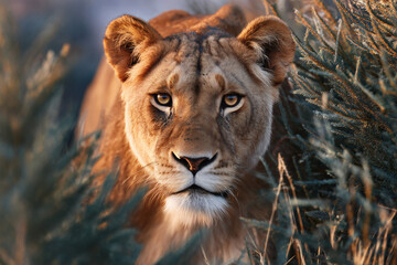 Obraz premium The majestic gaze of a lioness peering through the tall grass. Her expression captures a moment of focused intensity and regal presence.