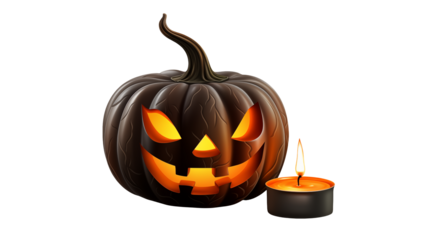 Eerie Halloween pumpkin grinning beside flickering candle creates spooky autumn vibes, perfect for festive designs and holiday promotions this spooky season