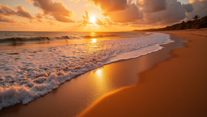 Obraz premium Golden sunset over tranquil beach with gentle waves lapping at shore, creating serene atmosphere
