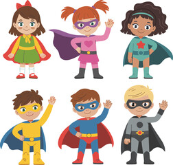 PrintCartoon superhero kids, boys and girls in costumes, wearing capes, waving hands, cute heroes, fun, comic style characters