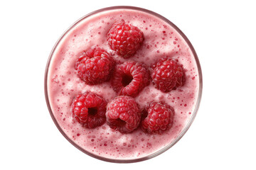 Top-down view of a pink smoothie with raspberries
