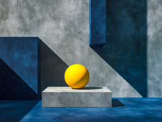 Minimalist art installation with a yellow sphere on a concrete pedestal against a textured wall with geometric shadows