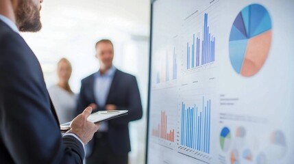 A man in a suit presenting a financial graph on a large screen in a conference room.