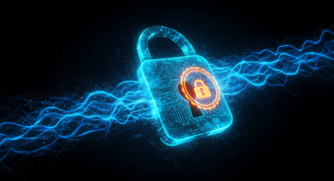 Digital Lock: A glowing digital lock, exuding an aura of invincibility and safeguarding sensitive data in the face of the ever-evolving digital realm.