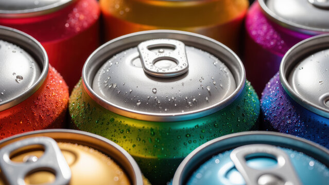 Colorful beverage cans with droplets of water, arranged closely together, create vibrant and refreshing visual. shiny metallic tops contrast with