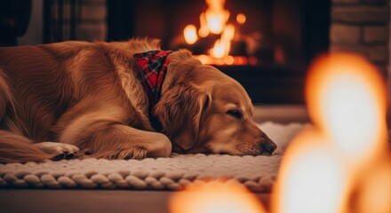 Cozy canine companion enjoys a warm evening by the fireplace, feeling peaceful and content