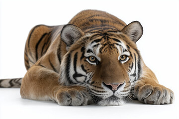 Obraz premium A stunning tiger laying down with a captivating gaze. The tiger’s fur is a rich blend of orange and black, highlighting its strong features 