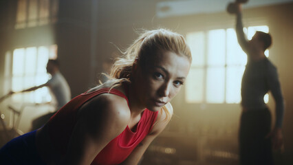 Determined sportswoman resting after intense workout in gym