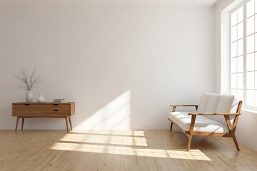 A bright and minimalist living room with a mid-century modern aesthetic.