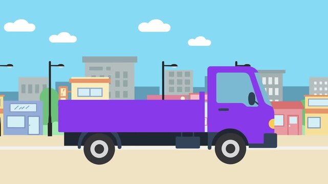 Flat 2D animation of a purple cargo truck with a long open platform moving across a bright city street with clouds and buildings. The seamless vector loop is perfect for freight transport videos, ship