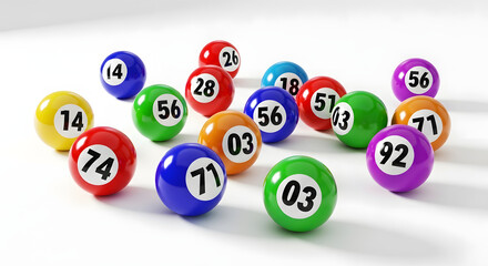 Colorful lottery balls with various numbers scattered on a white surface, featuring red, blue, green, and yellow spheres