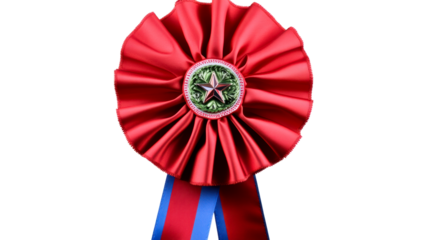 Red Rosette Ribbon Badge with Star Emblem and Blue Stripes