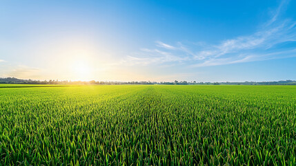 Obraz premium Lush green rice field under clear blue sky with bright sun rising in background, creating serene and peaceful atmosphere