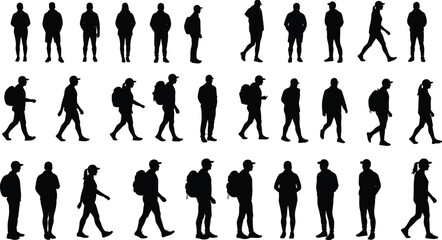 Silhouettes of people walking with backpacks, men and women, outdoor activity, casual wear, travel, commuting, leisure walk, urban lifestyle illustration