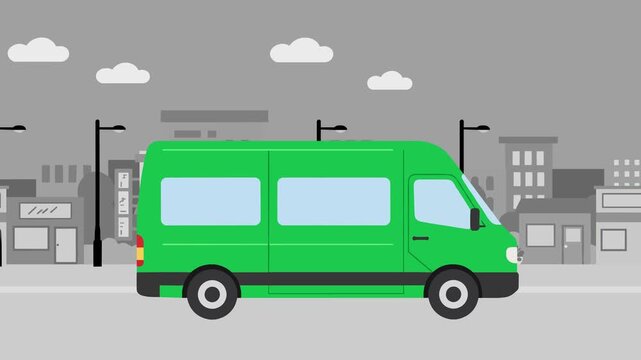 Flat vector illustration of a dark green van with street background. Great for logistics, courier services, and eco-friendly delivery branding.