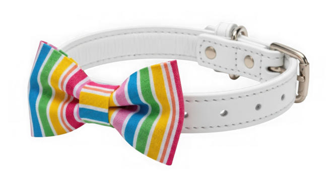 White pet collar with colorful bow tie isolated on transparent background