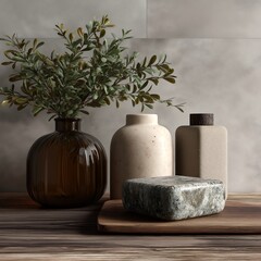  Minimalist Neutral Decor - Decorative Vases with Wooden Lid and Green Bouquet on Wooden Board