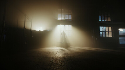 Athlete lifting weights in smoky gym with dramatic lighting