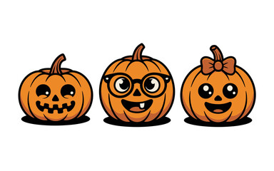 Three cute halloween pumpkins orange characters