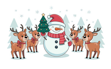 Fototapeta premium Cheerful snowman with reindeer and Christmas tree winter