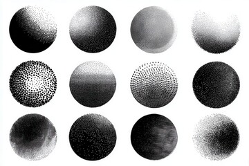 Six abstract circular forms featuring varying textured and stippled designs displayed against a clean, light background