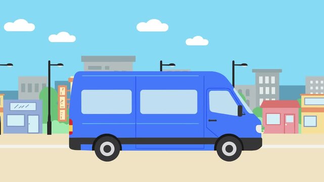 Cartoon style blue van moving along the city street with buildings in the background. Perfect for animation projects, educational videos, and children&rsquo;s content.