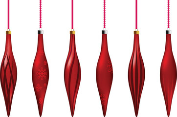 Vector. 3d Christmas decorative finials isolated on white background. Holiday hanging decorations. Red ornaments collection.