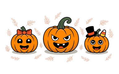 Fototapeta premium Three cartoon pumpkins with leaves halloween cute