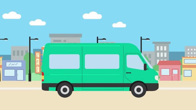 Flat vector illustration of a teal-colored van with clouds and urban street background. Perfect for design templates, logistics visuals, and eco-transport branding.