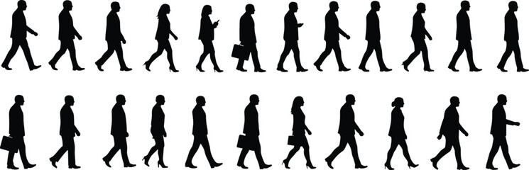 Silhouettes of business people walking, men and women, corporate commute, professional attire, office workers, teamwork, urban lifestyle, daily routine illustration