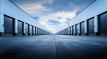 Fototapeta premium A long row of closed storage units with blue doors and white walls, under a cloudy sky.