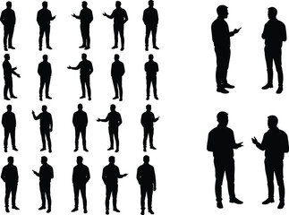 Silhouettes of men talking, business discussion poses, professional communication, teamwork, office conversation, collaboration, corporate meeting, people interacting, workplace dialogue illustration