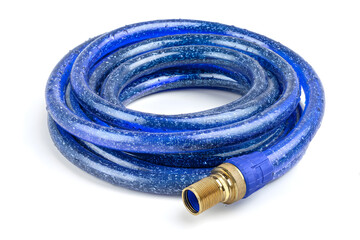 Blue water hose coiled on white background showing connector