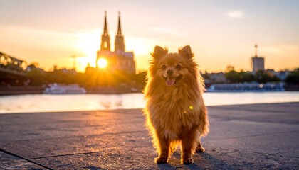 Fluffy pomeranian dog at sunset cityscape