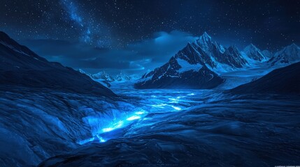 A stunning glacial valley bathed in ethereal blue light at night.