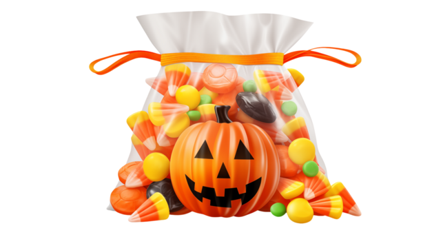 Delightful Halloween treat bag filled with colorful candy corn and a grinning pumpkin, perfect for spooky season decorations and sweet festive fun, get ready for trick-or-treat