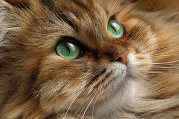 Ginger cat with bright green eyes close up portrait showing detailed fur