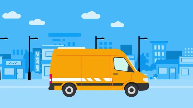Animated flat vector of an orange delivery van moving along the city street. Perfect for courier, logistics, and transport branding projects.