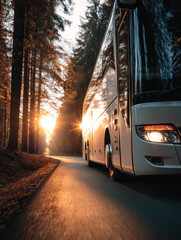 Scenic forest journey with a modern coach at sunset