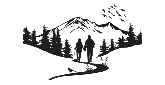 Silhouettes of a couple walking a mountain path, surrounded by a forest and mountains. Nighttime scene with starry/speckled background. Dark color palette. Simple, minimalist design