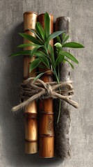 Serene Bamboo Trio with Leaves on Textured Gray Background