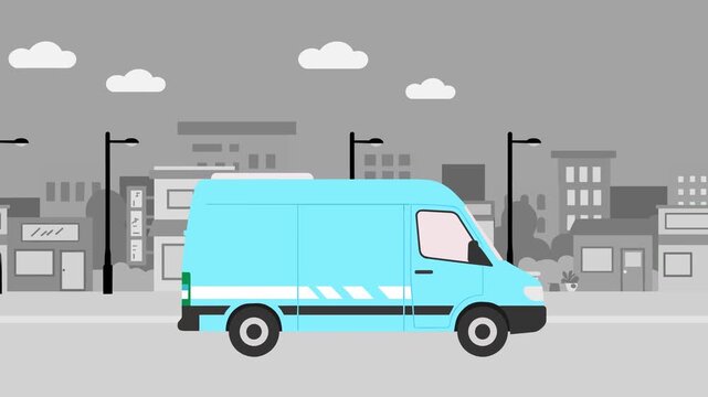 A clean light-blue cartoon delivery van drives smoothly from left to right in a seamless loop against a gray city background. Ideal for logistics, shipping, and e-commerce visuals.