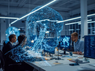 Futuristic digital neural network overlaid on a modern tech office space with professionals working on computers
