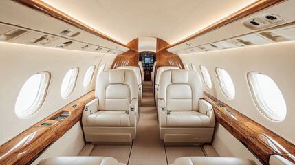 Obraz premium The interior of a luxurious private jet with white leather seats and wooden accents.